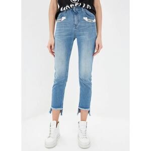 Frankie Morello High Waist Jeans Logo Patch Step Hem Raw Hem Straight Leg Jeans